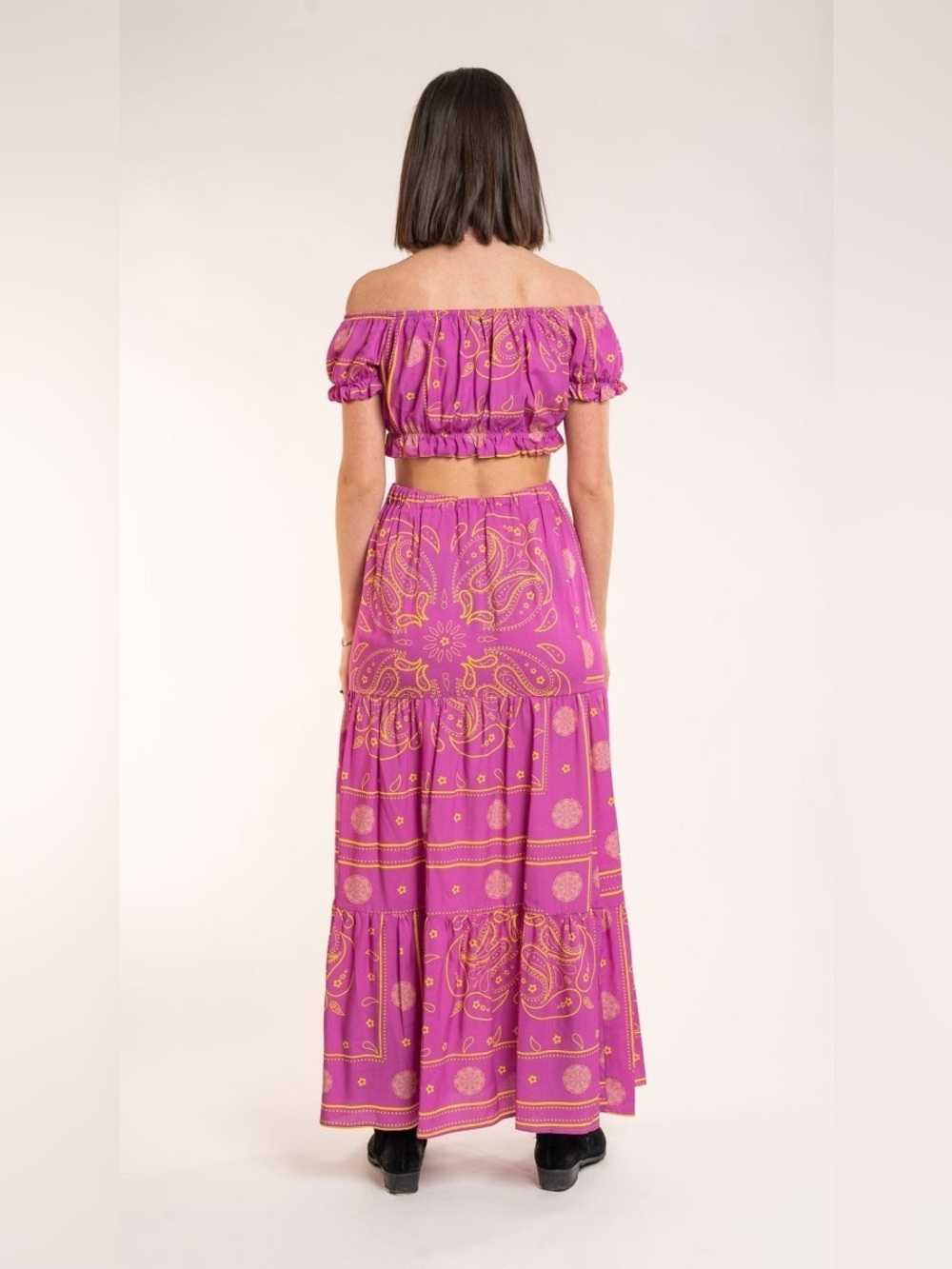 New! Benevierre Boho Fuchsia + Yellow Paisley Tiered Maxi Skirt  + Top 💕 XS Set - Picture 4 of 16